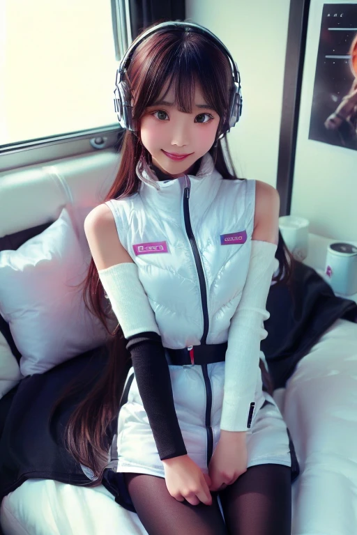 ((NSFW: 1.4)), ((Detailed face, Professional photography)), ((NSFW, zettai ryouiki, 1 girl)), Ultra-high resolution, (Realistic: 1.4), RAW Photos, highest quality, (PhotoRealistic Stick), concentrated, Soft Light, ((30 years old)), ((Japanese)), (( (Young Face))), (surface), (Depth of written boundary), masterpiece, (Realistic), woman, ,astrovest:2,headphone:2,:1.5,bangs, ((1 girl)),(black sleeves):2,(black tights):2,inside spacestation,inside spacecraft,,zero gravity,smile,open leg,show panty,blush:1.5,hidden hands,neotech
