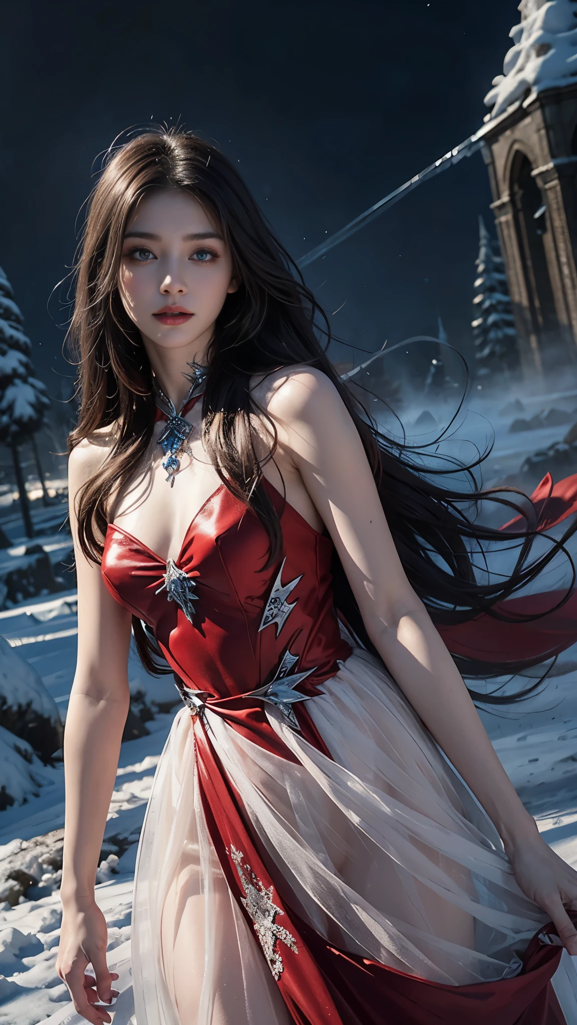 a beautiful ice goddess, good face, very long hair, realistic eyes, small , ice magician, ice elemental, intricate design and details, chilling mist, cold, blizzard storm, conjuring ice spell, casting ice spell, fantasy dress, (red fantasy dress:1.5), strap:1.5,  waist, realistic ice effect, snow particles, dark fantasy art style, ruined city, dramatic lighting, cinematic,