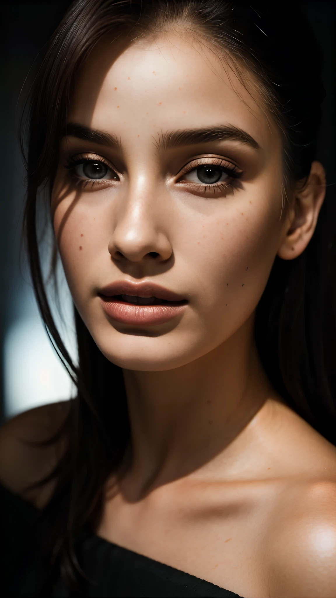 (close-up, editorial photograph of a 21 year old woman), (highly detailed face:1.4) (smile:0.7) (background inside dark, moody, private study:1.3) POV, by lee jeffries, nikon d850, film stock photograph ,4 kodak portra 400 ,camera f1.6 lens ,rich colors ,hyper realistic ,lifelike texture, dramatic lighting , cinestill 800,  