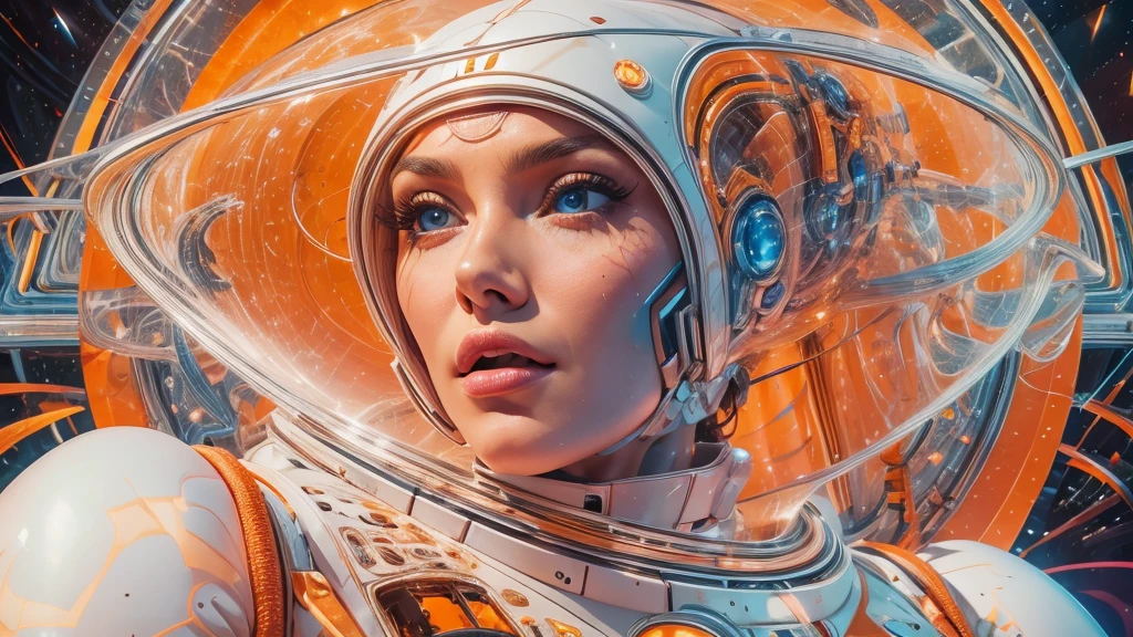 arafed image of a white woman in a futuristic suit with a spaceship in the background, movie art, in front of an orange background, inspired by Robert McGinnis, female protagonist, megastructure in the background, portrait of an ai astronaut, astronauts, an astronaut, portrait of a astronaut skeletor, perfect android girl, detailed eyes, perfectly detailed teeth, frank franzzeta and sakimichan