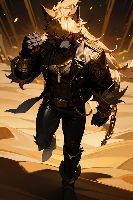 black werewolf, muscular with glowing eyes, using a leather jacket a gold necklace with the key of life in it, red eyes, large gold bracelets and gold gauntlets walking in the middle of the desert