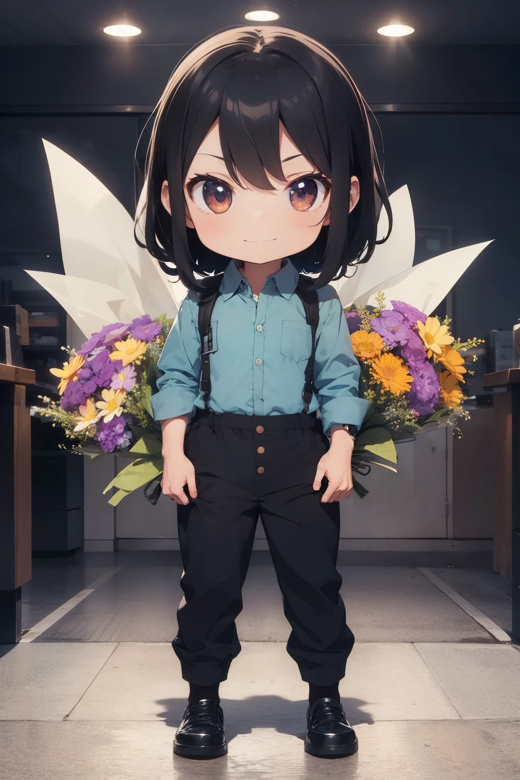 (best quality, masterpiece:1.2), ultra-detailed, detailed face, anime style, (chibi:1.4) , simple background,
BREAK
FRED barbarian man with black hair, messy hair, slight beard, ferocious expression, strong build, intense gaze, POV,
BREAK
((1 man)), dressed in modern casual wear, happy, smile,
BREAK teal or indigo theme, (tucked in and button-up shirt:1.5),
BREAK cacky or cinnamon theme, (loose long-pants:1.2),
BREAK (black shoes:1.2), ((wrist watch):1.2), (socks), hoodie or sweater, holding a huge (((bouquet of flowers))),
BREAK from distance, from front, (standing), (full body shot)