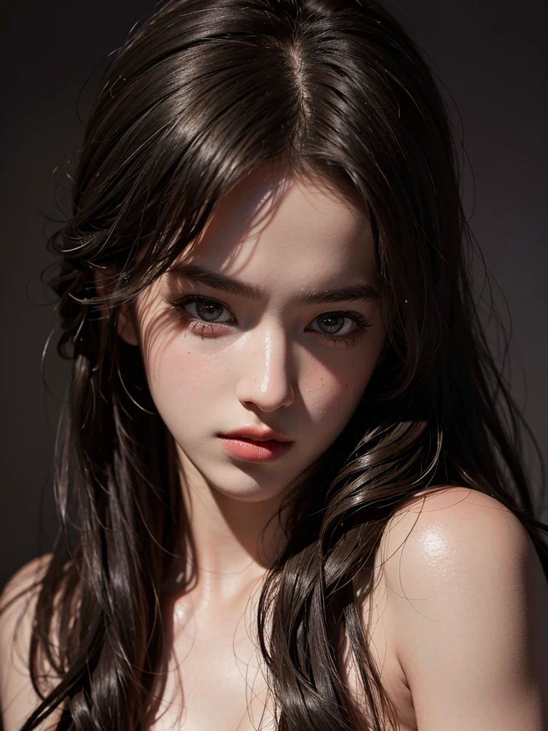 Best quality, masterpiece, ultra high res, (photorealistic:1.4), raw photo, 1girl, 13 years old, offshoulder, in the dark, deep shadow, low key, cold light