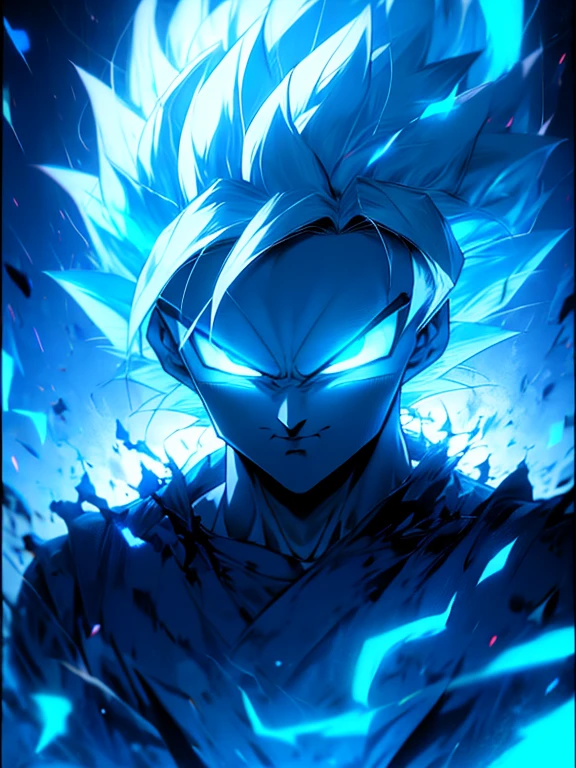 dragon ball character, goku, human goku, Super Saiyan goku Highly detailed portrait, cara detallada, ojos detallados, small eyes, serious expression, ojos feroces,rage, glow, aura, energy, (blue theme:1.2),dark,