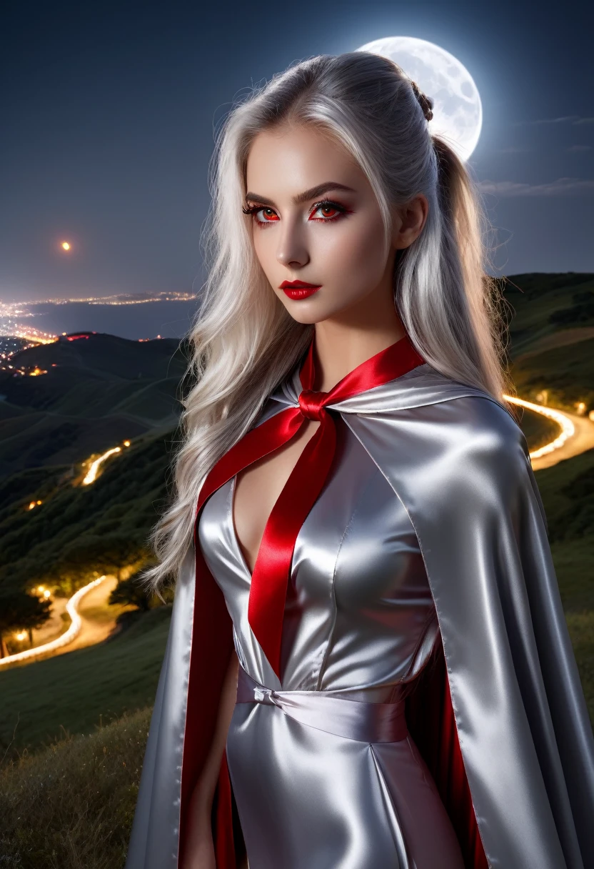 (RAW Photo) , (highly detailed:1.20) , ultra realistic :1.10) ,sexy girl in her 20s , (perfect face:1.20) , (detailed red eyes:1.20) , with long silver hair in ponytail , (((long silver satin cape tied at the neck with a ribbon :1.20))) , naked , full body, standing on windy hilltop at night , full moon , high-quality ultra realistic style, detailed eyes, professional, expressive , 8K , highly detailed , professional,