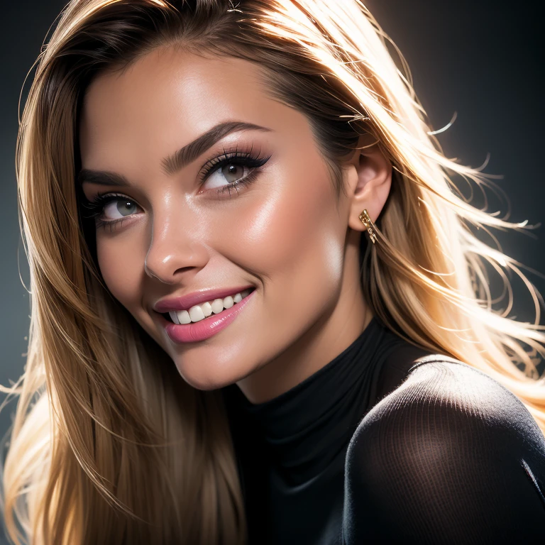 (realistic,photorealistic:1.37),woman,turtleneck sweater wearing,pantyhose wearing,sexy pose,smiling face,detailed eyes,detailed lips,fashionable look,long hair flowing in the wind,medium breasts, minimum waist,contemporary background,studio lighting,vivid colors, selfie pose