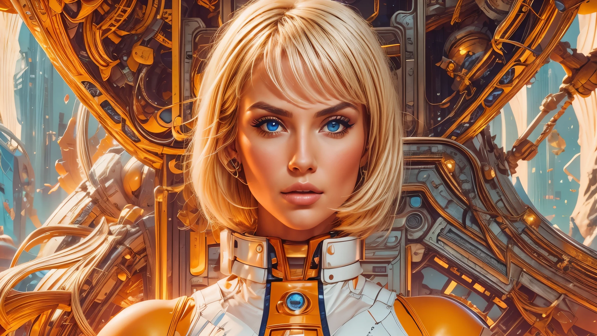 arafed image of a white woman in a futuristic suit with a spaceship in the background, movie art, in front of an orange background, inspired by Robert McGinnis, female protagonist, megastructure in the background, portrait of an ai astronaut, astronauts, an astronaut, portrait of a astronaut skeletor, perfect android girl, detailed eyes, perfectly detailed teeth, frank franzzeta and sakimichan