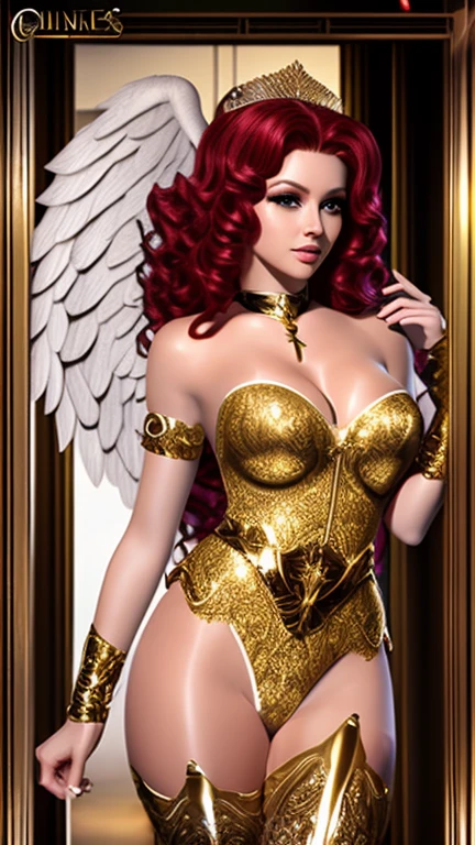 Best quality, 8K,woman vintage super hero, beautiful and detailed face, red curly long hair,gold tiara, big eyelashes,big angel´s wings,LOOKING TO observer,silver metalic armour over bodystocking, SHINY GLOSSY PANTYHOSE,armlets,black belt,over the knee boots,white neutral scenario