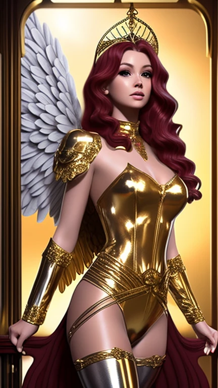 Best quality, 8K,woman vintage super hero, beautiful and detailed face, red curly long hair,gold tiara, big eyelashes,big angel´s wings,LOOKING TO observer,silver metalic armour over bodystocking, SHINY GLOSSY PANTYHOSE,armlets,black belt,over the knee boots,white neutral scenario