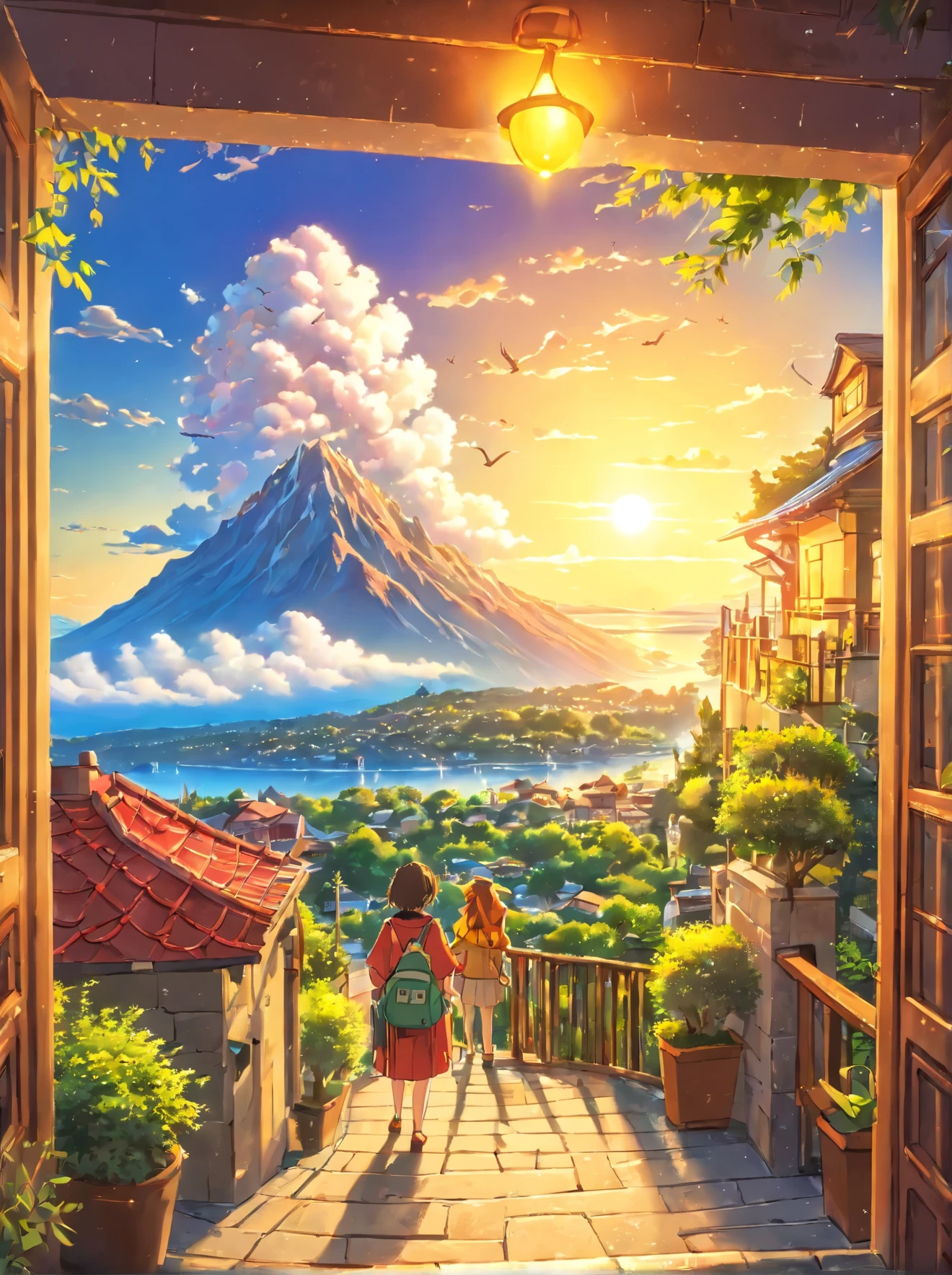 (realista), alturas, fantasi, cielos despejados, compositing, puesta de sol, (HDR:1.5), al aire libre, detalles intrincados