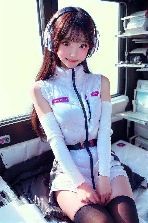 ((NSFW: 1.4)), ((Detailed face, Professional photography)), ((NSFW, zettai ryouiki, 1 girl)), Ultra-high resolution, (Realistic: 1.4), RAW Photos, highest quality, (PhotoRealistic Stick), concentrated, Soft Light, ((30 years old)), ((Japanese)), (( (Young Face))), (surface), (Depth of written boundary), masterpiece, (Realistic),(inside ISS):3, woman, ,astrovest:2,headphone:2,:1.5,bangs, ((1 girl)),(black sleeves):2,(black tights):2,inside spacestation,inside spacecraft,,zero gravity,smile,open leg,show panty,blush:1.5,hidden hands,neotech
