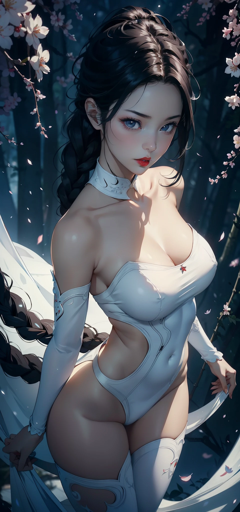 1 female，35 years old，Slim，Very large ，Big breasts and thin waist，Long legs， Solitary，（background：，Cherry blossom forest，Rainforest）running， She has short black hair，Front view， twisted braid cloudy sky，（（（masterpiece），（Very detailed CG unified 8K wallpaper），best quality，Light，详细background，Beautiful and delicate eyes，Smart pupils，black eyes，Snow-white skin，Red lips（very delicate and beautiful），（Beautiful and detailed description of the eyes），Ultra Detailed，masterpiece，））Facing the camera，high resolution，Ultra Detailed），nude，Hero，Wear a futuristic mech，White color scheme，女Hero服装