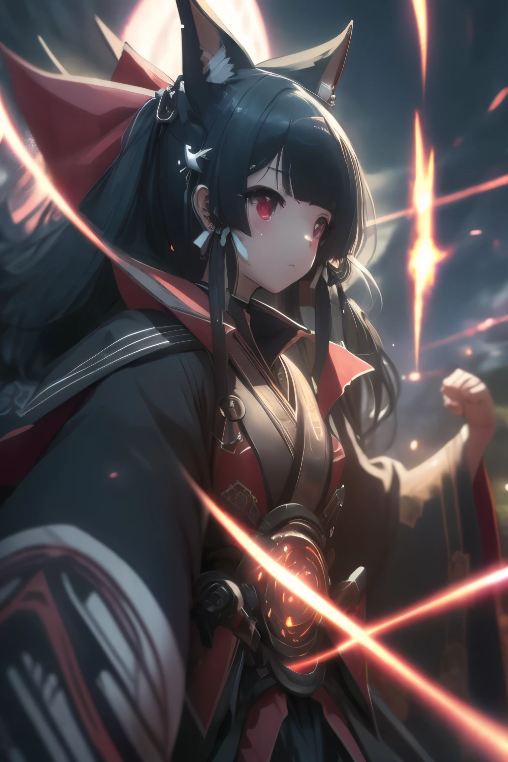 (best quality,highres:1.2), detailed fantasy art, serious expression, robot-like eyes, fighting stance, yae kokonoe, isekai ea smartphone to tomo ni, in another world whit my smartphone, el cabello es negro, los ojos son de robot, detailed fantasy art, postura de lucha, cuerpo completo, red lens flare, It&#39;s night and there is black lightning in the sky