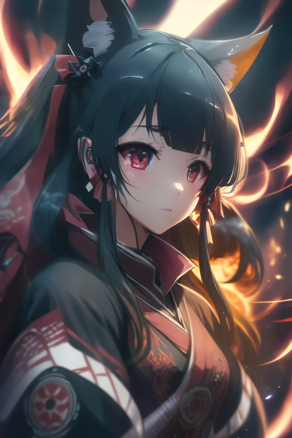 (best quality,highres:1.2), detailed fantasy art, serious expression, robot-like eyes, fighting stance, yae kokonoe, isekai ea smartphone to tomo ni, in another world whit my smartphone, el cabello es negro, los ojos son de robot, detailed fantasy art, postura de lucha, cuerpo completo, red lens flare, It&#39;s night and there is black lightning in the sky