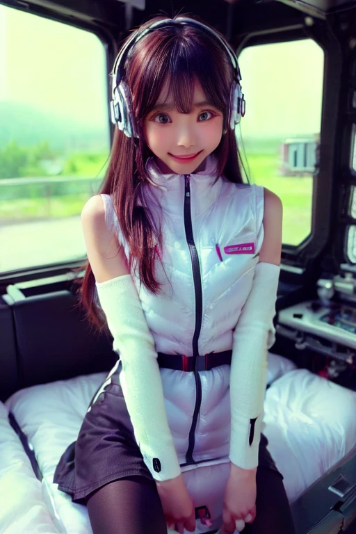 ((NSFW: 1.4)), ((Detailed face, Professional photography)), ((NSFW, zettai ryouiki, 1 girl)), Ultra-high resolution, (Realistic: 1.4), RAW Photos, highest quality, (PhotoRealistic Stick), concentrated, Soft Light, ((30 years old)), ((Japanese)), (( (Young Face))), (surface), (Depth of written boundary), masterpiece, (Realistic),(inside ISS):3, woman, ,astrovest:2,headphone:2,:1.5,bangs, ((1 girl)),(black sleeves):2,(black tights):2,inside spacestation,inside spacecraft,,zero gravity,smile,open leg,show panty,blush:1.5,hidden hands,neotech