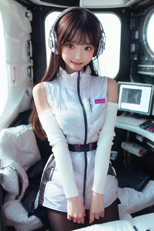 ((NSFW: 1.4)), ((Detailed face, Professional photography)), ((NSFW, zettai ryouiki, 1 girl)), Ultra-high resolution, (Realistic: 1.4), RAW Photos, highest quality, (PhotoRealistic Stick), concentrated, Soft Light, ((30 years old)), ((Japanese)), (( (Young Face))), (surface), (Depth of written boundary), masterpiece, (Realistic),(inside ISS):3, woman, ,astrovest:2,headphone:2,:1.5,bangs, ((1 girl)),(black sleeves):2,(black tights):2,inside spacestation,inside spacecraft,,zero gravity,smile,open leg,show panty,blush:1.5,hidden hands,neotech