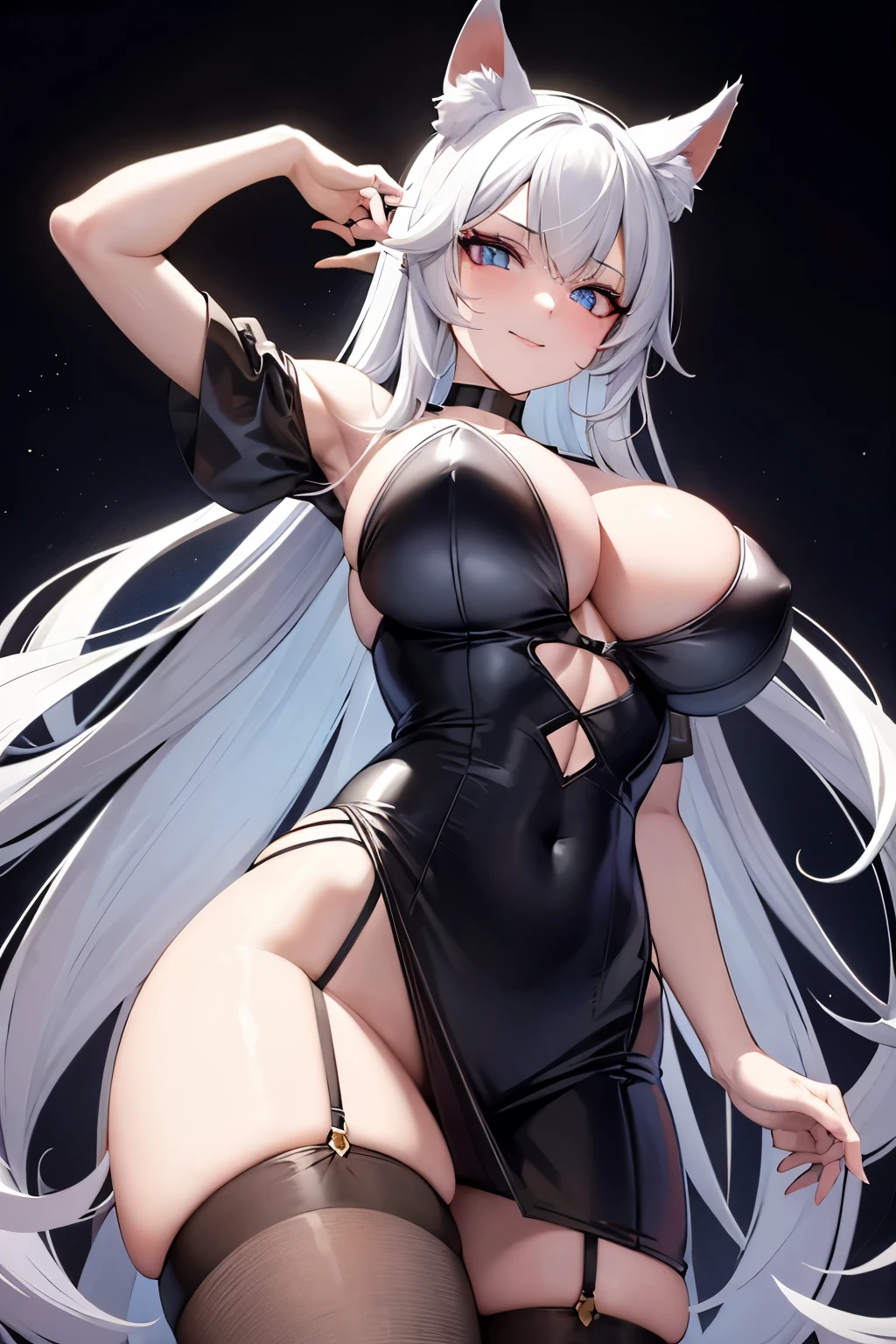 Kitsun, fox ears, Anime girl, Pretty face, obscene pose, obscene costume, You can see the underpants, evil smile, beautiful cinematic light, Black background, choker on the neck, stockings, Domination, full height, big breasts, White hair, Blue eyes, from below, 4k