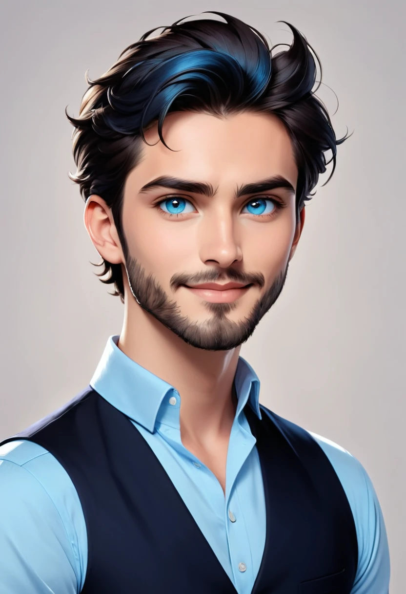 The image portrays a young man with a gentle and approachable demeanor. His dark hair is neatly styled, and his eyes, a striking shade of blue, are looking directly at the viewer, creating a sense of connection. His facial features are soft and well-defined, with a hint of a beard adding to his mature appearance. He is wearing a light blue shirt, which contrasts nicely with his dark hair, and a black vest, suggesting a casual yet stylish attire. The background is minimalistic, featuring a white door with a wooden handle, which adds to the overall clean and modern aesthetic of the image. The man's smile is subtle yet warm, inviting the viewer to feel at ease.