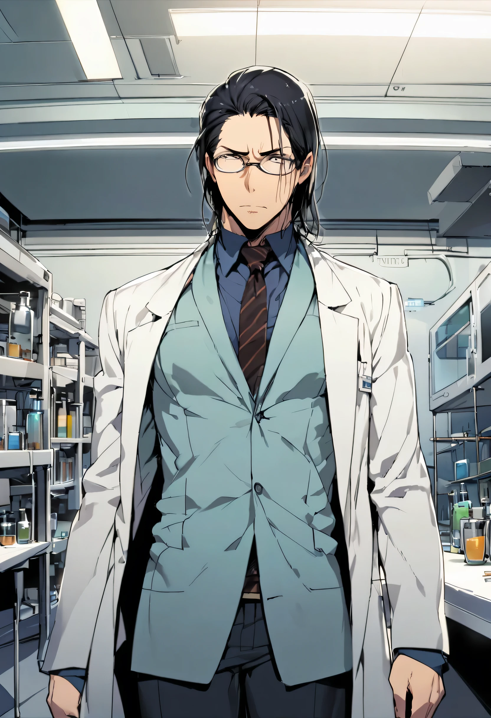 excellent, masterpiece, a tall korean man in his early fourties, he has black hair, he hair is shaved down to millimeters, he wears scientistic glasses, he wears a white lab coat, he ist standing in front of a laboratory space