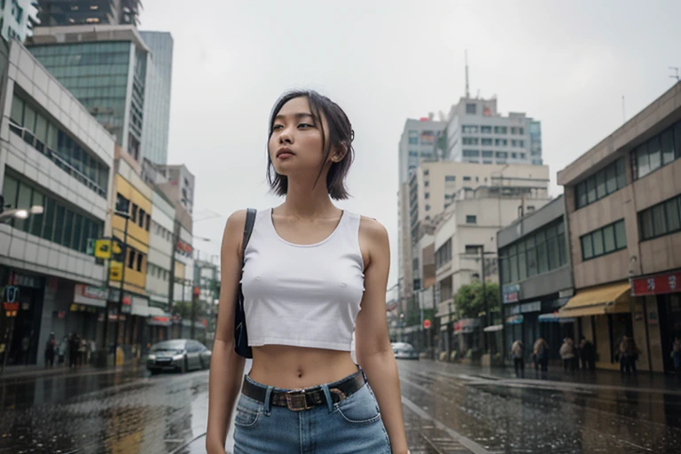 Beautiful taiwanese girl, wear cropped white tanktop with short jeans, holding M4 with some tactical belt standing and looking up in the city that have been destroy. in the back there is some alien spaceship flying over in rainy day