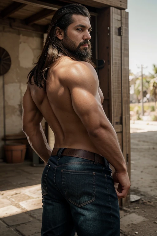 un retrato de carlos [hombre muy guapo, cuerpo peludo, macho alfa, huge biceps, abdominales definidos, muy nalgon, vaquero, chaqueta, zapatillas, cabello corto, Carretera ] 4k, alto detallado, hermoso, Edad Oscura,,Big butt Manly ,Muy detallado, sharp focus. Backside 