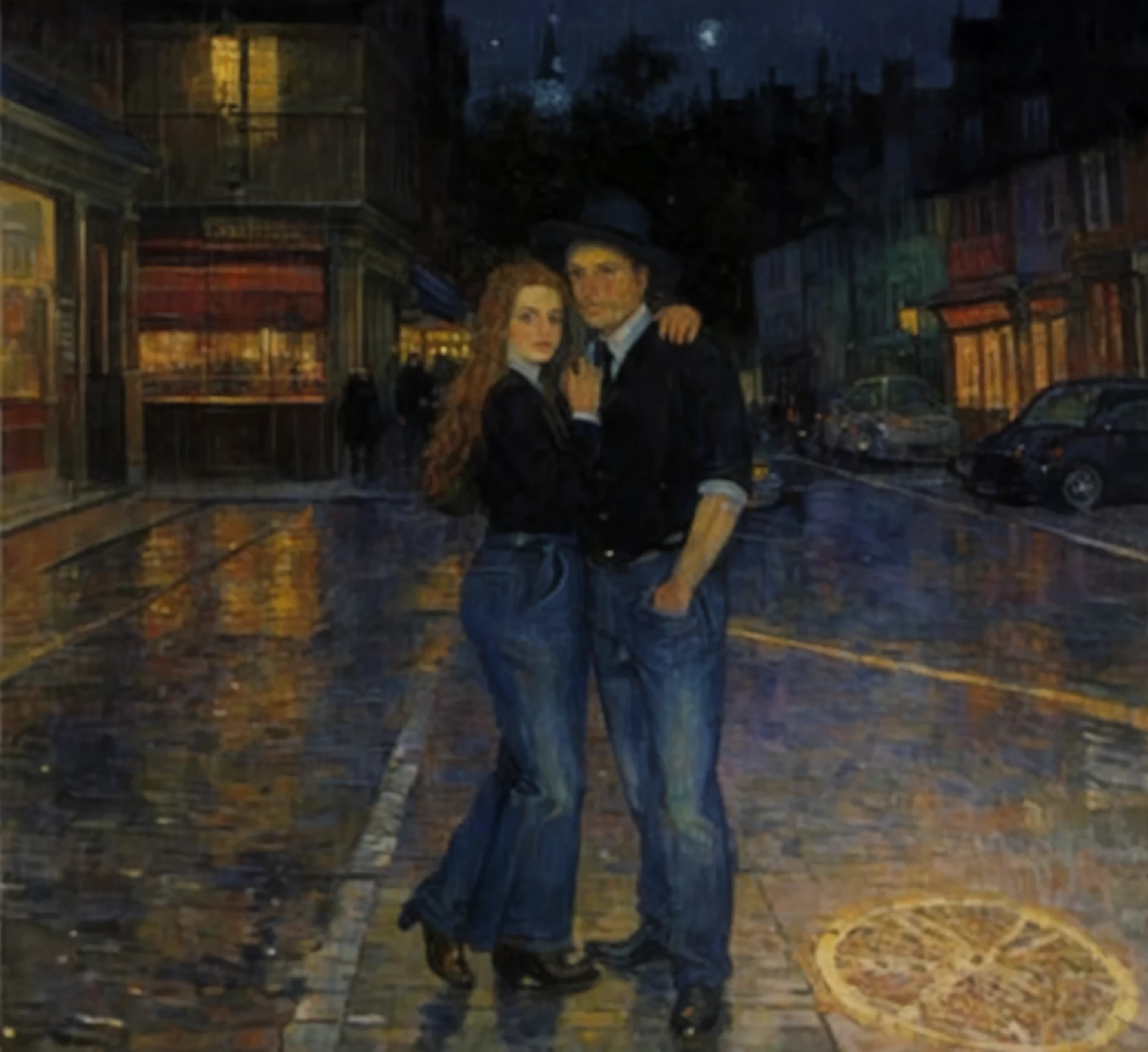 Painting of a couple both dressed completely in black, schwarze anzug, mann hat tattoo am arm, standing on a city street in the rain, regnerischer Abend, romantische Malerei, Denis Sarazhin, on a street at night, inspiriert von Vincent Lefevre, inspired by Jean Béraud, in the rain in the early evening, abends bei Regen, by George Papazov, bei Bernhard von Orley, romantischer Impressionismus