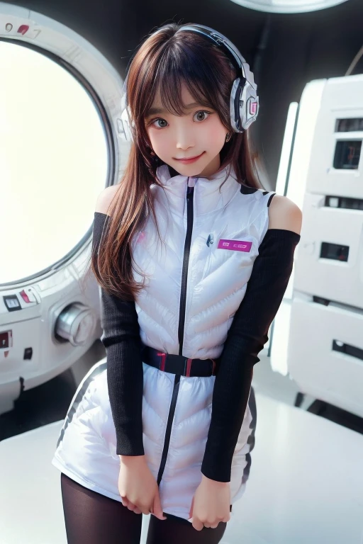((NSFW: 1.4)), ((Detailed face, Professional photography)), ((NSFW, zettai ryouiki, 1 girl)), Ultra-high resolution, (Realistic: 1.4), RAW Photos, highest quality, (PhotoRealistic Stick), concentrated, Soft Light, ((30 years old)), ((Japanese)), (( (Young Face))), (surface), (Depth of written boundary), masterpiece, (Realistic),(inside ISS):3, woman, ,astrovest:2,headphone:2,smartwatch,,bangs, ((1 girl)),(black sleeves):2,(black tights):2,inside spacestation,inside spacecraft,,zero gravity,smile,open leg,show panty,blush:1.5,hidden hands,neotech