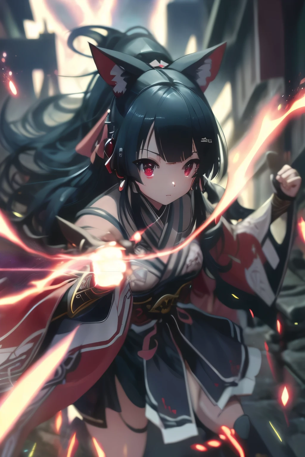 (best quality,highres:1.2), detailed fantasy art, serious expression, robot-like eyes, fighting stance, yae kokonoe, isekai ea smartphone to tomo ni, in another world whit my smartphone, el cabello es negro, los ojos son de robot, detailed fantasy art, postura de lucha, cuerpo completo, red lens flare, It&#39;s night and there is black lightning in the sky, she is jumping