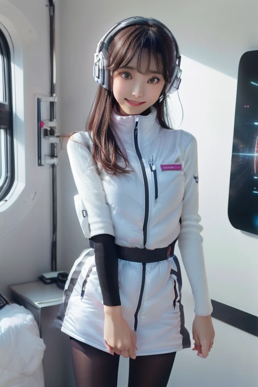 ((NSFW: 1.4)), ((Detailed face, Professional photography)), ((NSFW, zettai ryouiki, 1 girl)), Ultra-high resolution, (Realistic: 1.4), RAW Photos, highest quality, (PhotoRealistic Stick), concentrated, Soft Light, ((30 years old)), ((Japanese)), (( (Young Face))), (surface), (Depth of written boundary), masterpiece, (Realistic),(inside ISS):3, woman, ,astrovest:2,headphone:2,smartwatch,,bangs, ((1 girl)),(black sleeves):2,(black tights):2,inside spacestation,inside spacecraft,,zero gravity,smile,open leg,show panty,blush:1.5,hidden hands,neotech