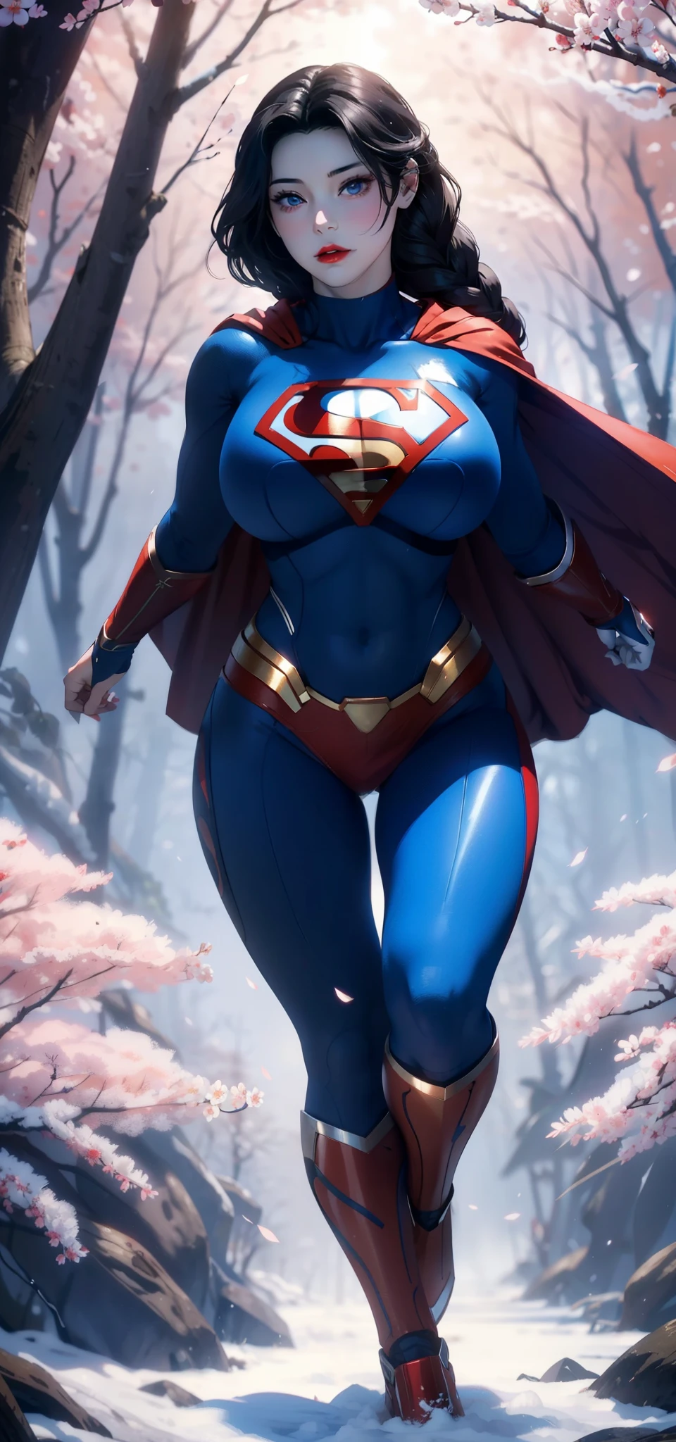 1female,35yo,A MILF,Bigchest, 独奏,(Background with:Cherry blossom forest,ln the forest,Ground area water) She has short wood-colored hair,Twist braids,seen from the front, hair straight,,(((tmasterpiece),(Very detailed CG unity 8K wallpaper),best qualtiy,cinmatic lighting,detailed back ground,beatiful detailed eyes,Bright pupils,Blue eyes,Snow-whiteskin,Redlip(Very fine and beautiful),(Beautiful and detailed eye description),ultra - detailed,tmasterpiece,))facing at camera,A high resolution,ultra - detailed),revealing breasts,Bare genitalia, Bulge,Squat down to urinate,legs are open,Bare genitalia,with no underpants,Raised sexy,Camel toes,Flushed complexion,Desire for dissatisfaction,frontage,elementary student,Supergirl,Superman uniform,Bare genitalia,Bare