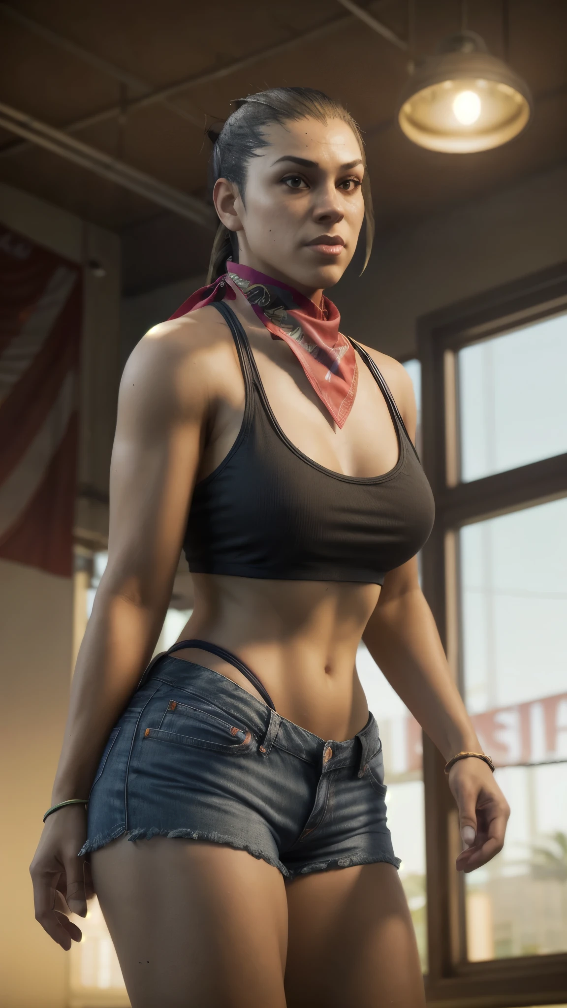 gtluc, a woman,ponytail,red bandana, black tank top,denim shorts,miami,masterpiece,8k,bokeh,volumetric lighting,rim lighting,soft lighting,cinematic,sharp, extreme dof, large breasts, thick thighs 