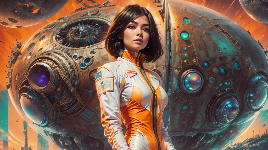 arafed image of a white woman in a futuristic suit with a spaceship in the background, movie art, in front of an orange background, inspired by Robert McGinnis, female protagonist, megastructure in the background, portrait of an ai astronaut, astronauts, an astronaut, portrait of a astronaut skeletor, perfect android girl, detailed eyes, perfectly detailed teeth, frank franzzeta and sakimichan  