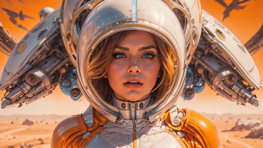 arafed image of a white woman in a futuristic suit with a spaceship in the background, movie art, in front of an orange background, inspired by Robert McGinnis, female protagonist, megastructure in the background, portrait of an ai astronaut, astronauts, an astronaut, portrait of a astronaut skeletor, perfect android girl, detailed eyes, perfectly detailed teeth, frank franzzeta and sakimichan  