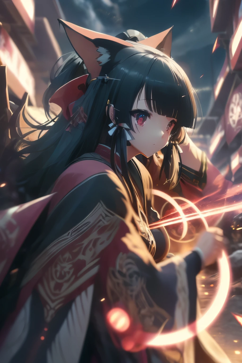 (best quality,highres:1.2), detailed fantasy art, serious expression, robot-like eyes, fighting stance, yae kokonoe, isekai ea smartphone to tomo ni, in another world whit my smartphone, el cabello es negro, los ojos son de robot, detailed fantasy art, postura de lucha, cuerpo completo, red lens flare, It&#39;s night and there is black lightning in the sky, she is jumping