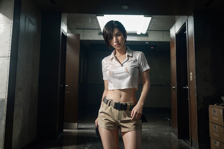 Beautiful Taiwanese girl wearing《resident Evil》Costume of the character Ada Wong,Holding a Glock toy gun standing on the Apocalypse City。 The character wears a white shirt and brown shorts,And some tactical equipment。 Due to heavy rain,The clothes look wet.。