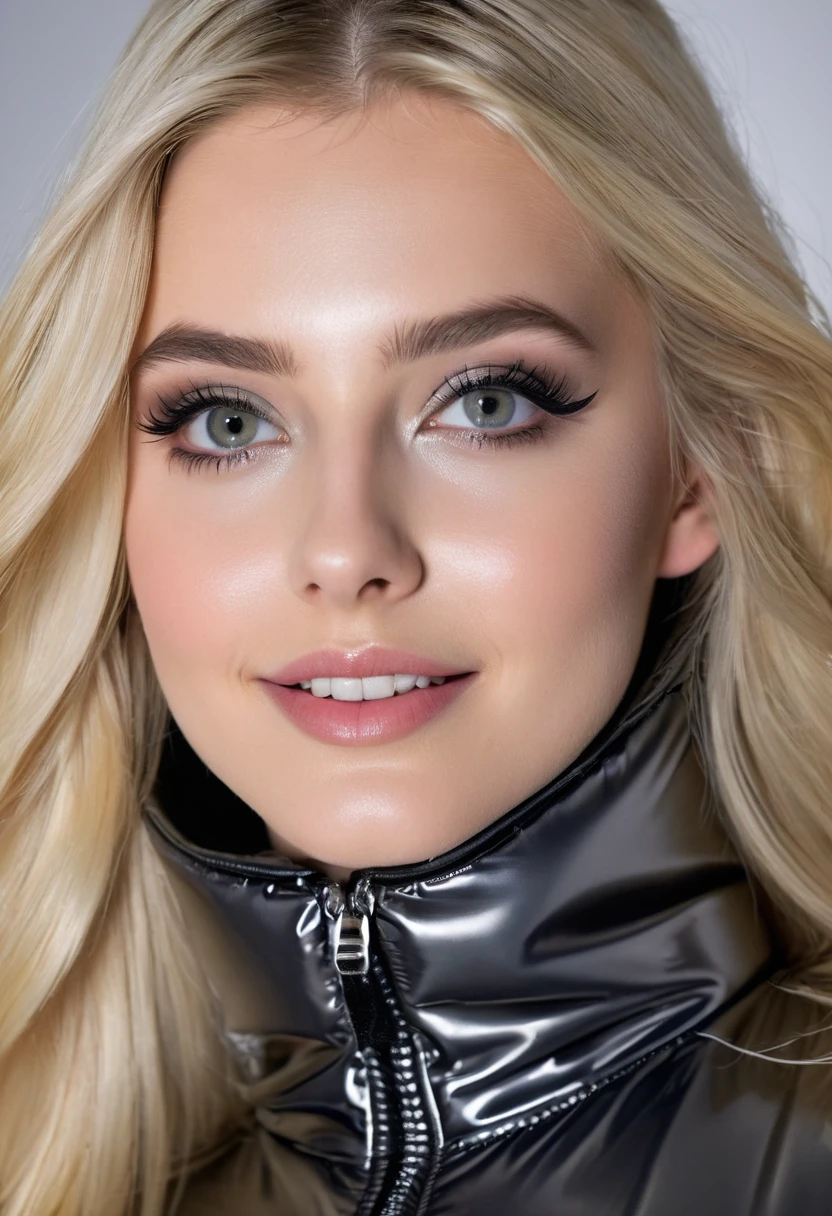 hyperrealistic beautiful 18-year-old women in shiny black-silver puffer jacket latex catsuit, model shooting photography, very long blonde straight hair, dark eye makeup with eyeliner, seductive smile, flashing , 8K, best quality, Meisterwerk, ultra high resolution, (Realismus: 1.4), Originalfoto, (realistische Hautstruktur: 1.3), (Filmkorn: 1.3), (Selfie-Winkel), 1 girl, Beautiful eyes and facial details, Meisterwerk, best quality,