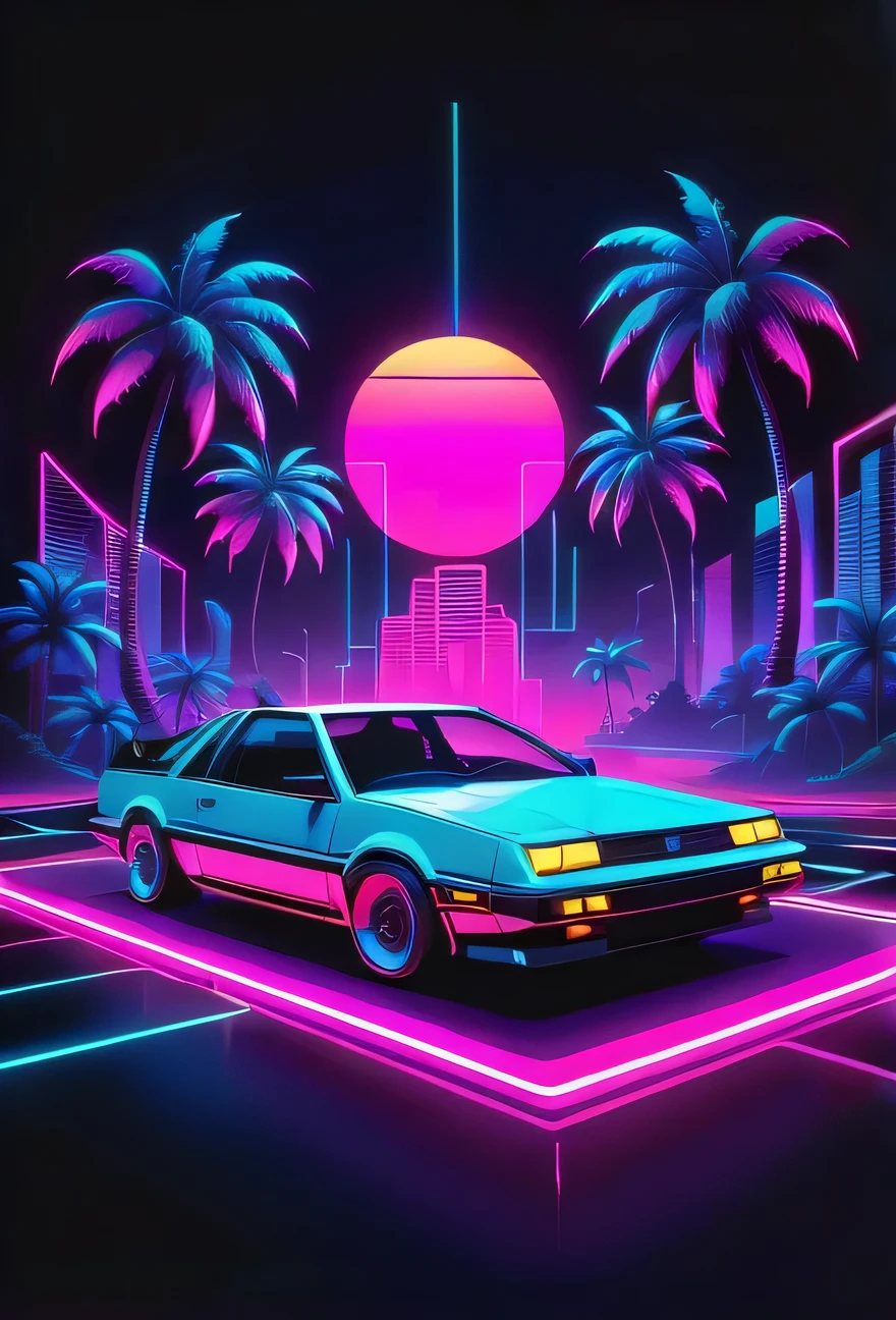 "a minimalist and high-contrast print design inspired by the Synthwave genre and the aesthetics of the 80s. Utilize vibrant neon colors against a dark background to evoke a retro-futuristic feel. Incorporate a car , iconic symbols such as palm trees or cassette tapes, and emphasize geometric shapes and sharp lines for a sleek and modern look. Keep the design clean and focused, capturing the essence of Synthwave's nostalgic vibe with a contemporary twist."