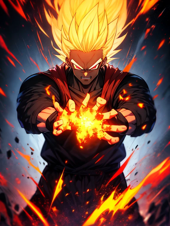 Get ready for a visual feast with Black Goku Demon God has a beautiful face and piercing red eyes. En su estado transformado, Irradia instinto y poder extremos., Creating an epic anime about this man of energy. Watch how he manipulates fire and lava in stunning anime artwork that will blow your mind. This concept art is taken directly from the Dragon Ball universe, With 8K manga-style wallpapers that will transport you to another dimension. Prepare to be amazed with this detailed piece of digital anime art, Showcasing the best combination of style and power.