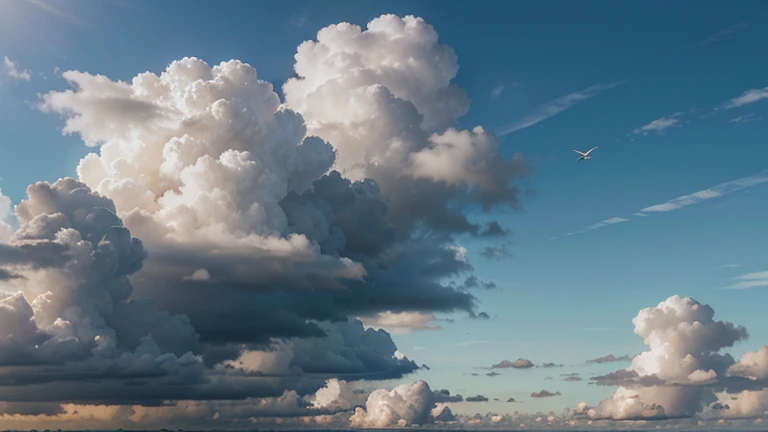 Generate an anime-style illustration of a cloudy sky scene. The sky should be filled with fluffy clouds, conveying a sense of calmness and serenity. The clouds should vary in shape and size, with some casting soft shadows on others. The color palette should include shades of soft blues and grays, with hints of warm sunlight breaking through the clouds. The scene should depict a peaceful atmosphere, perhaps with a gentle breeze rustling the leaves of nearby trees or causing the clouds to drift lazily across the sky. Feel free to add any additional elements that enhance the tranquil mood of the scene, such as birds flying in the distance or a distant mountain range fading into the horizon. Style Reference: Anime-inspired with a focus on detailed cloud formations and serene ambiance.
