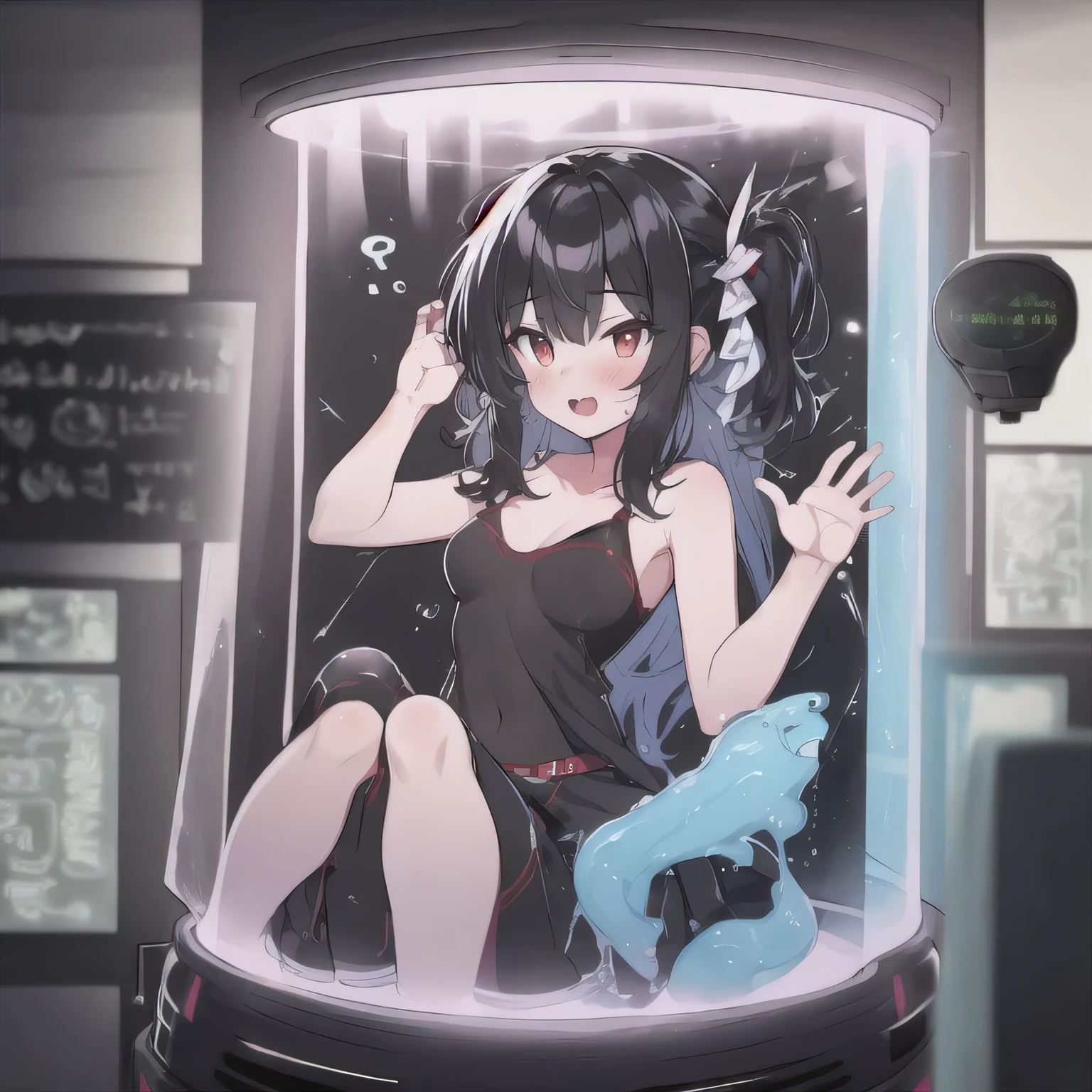 girl with black hair and red eyes inside a tank