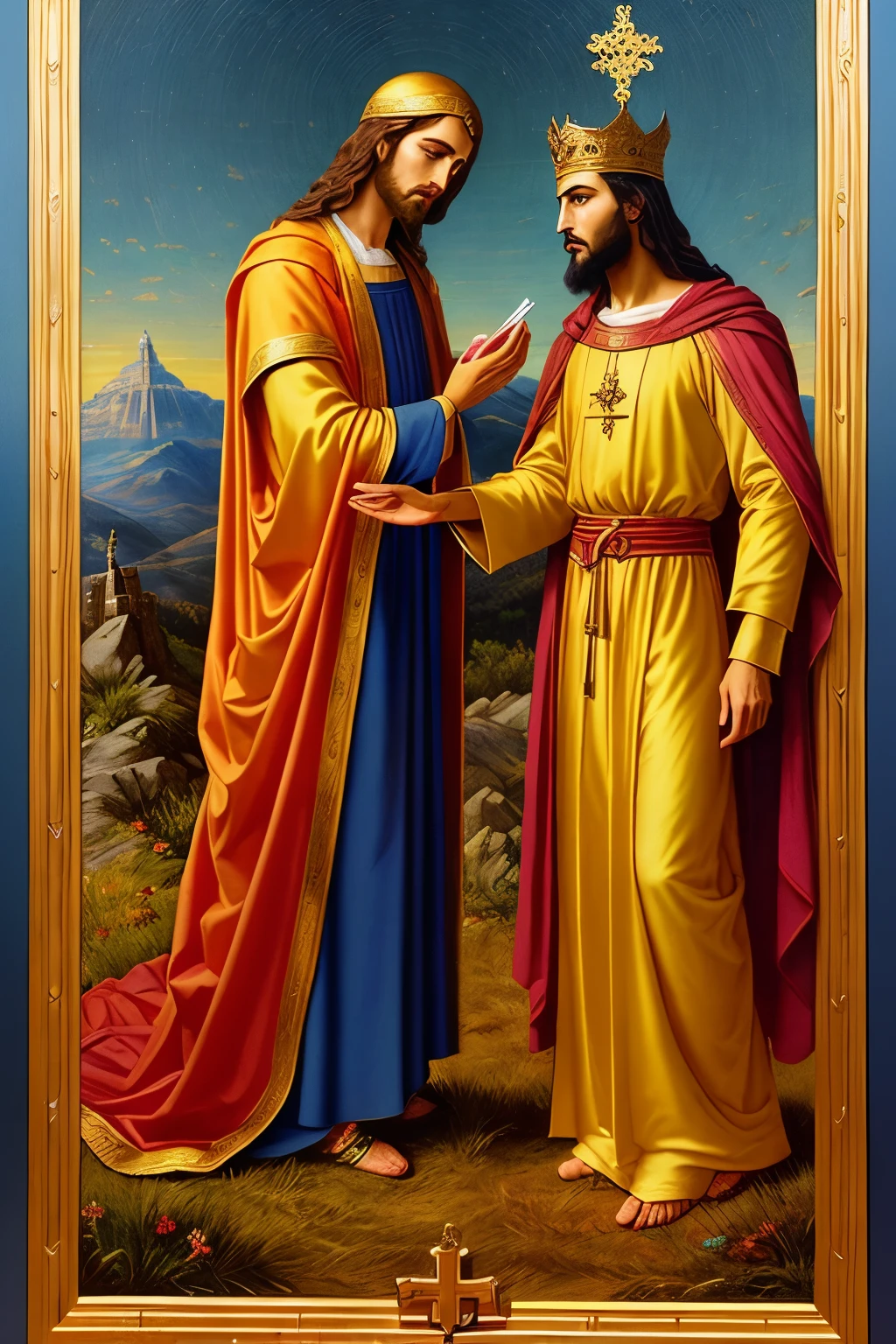 rather than exalted in divine form, he chose the humble path of servanthood, disguising himself as a man in every way, with human-like features and a servant's disposition,))
in this form, he submitted himself to the ultimate submission, bowing to the will of his master, and endured a painful death on the cross, an act of obedience beyond human comprehension. (masterpiece, best quality, highly detailed, inspirational, hdr, hyper-realistic, cinematic, dramatic, sacred)
a divine figure
though clothed in the form of a servant, his true nature radiated through his perfect, yet weathered features, each line and wr