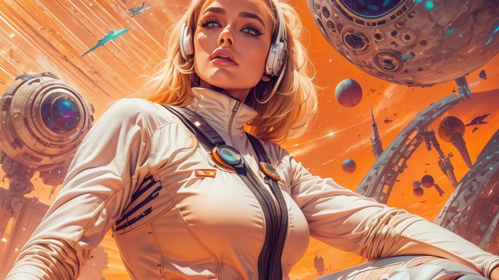 arafed image of a white woman in a futuristic suit with a spaceship in the background, movie art, in front of an orange background, inspired by Robert McGinnis, female protagonist, megastructure in the background, portrait of an ai astronaut, astronauts, an astronaut, portrait of a astronaut skeletor, perfect android girl, detailed eyes, perfectly detailed teeth, frank franzzeta and sakimichan  