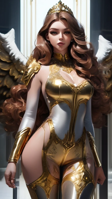 Best quality, 8K,woman vintage super hero, beautiful and detailed face, red curly long hair,gold tiara, big eyelashes,big angel´s wings,LOOKING TO observer,silver metalic armour over bodystocking, SHINY GLOSSY PANTYHOSE,armlets,black belt,over the knee boots,white neutral scenario