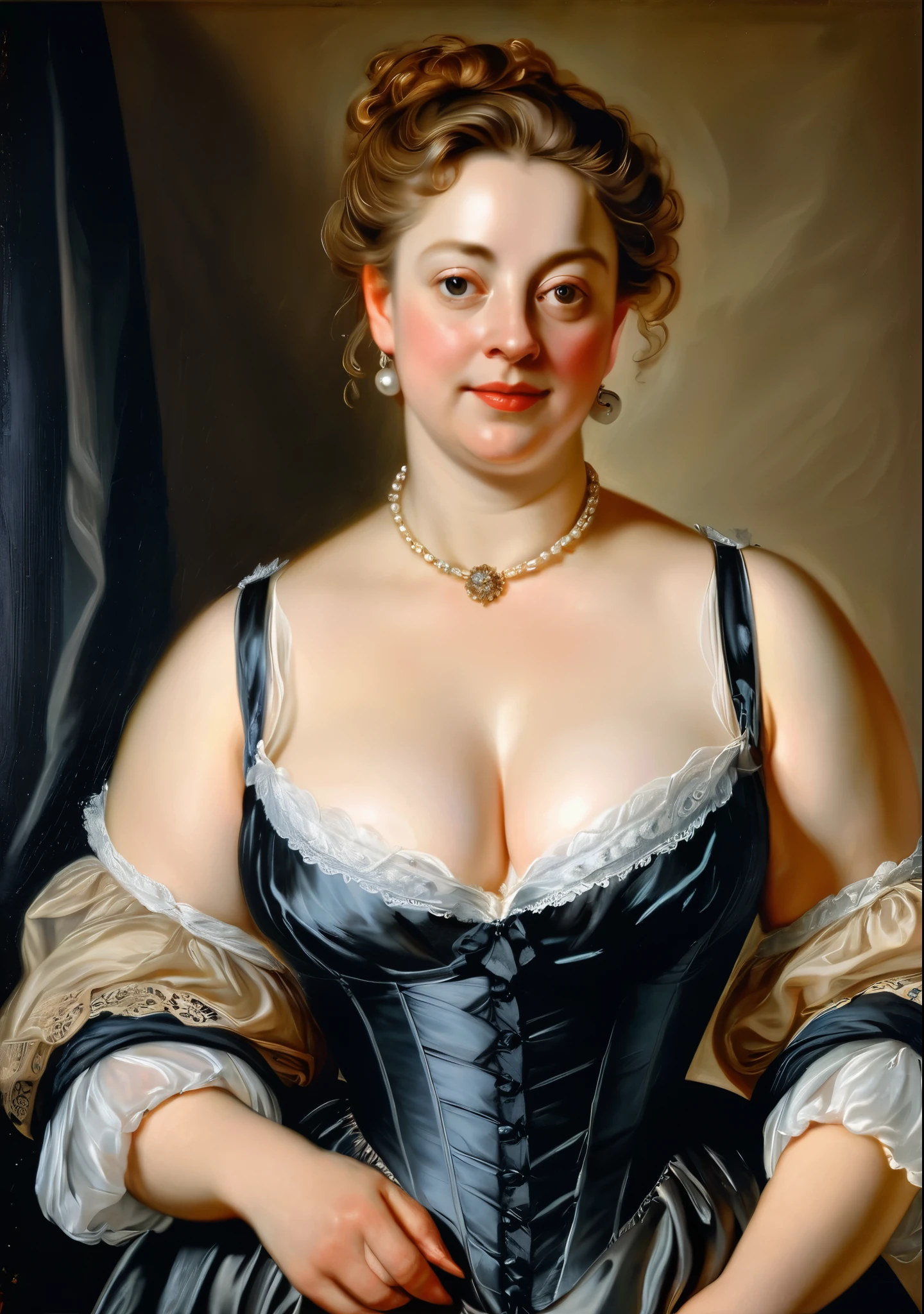 portrait painting of a thick Beautiful middle aged woman, extremely gorgeous, wearing a Victorian Camisole dress or chemise, by Peter Paul Rubens, in Peter Paul Rubens style, by Caravaggio, intricate, flawless, masterpiece, Best quality, 