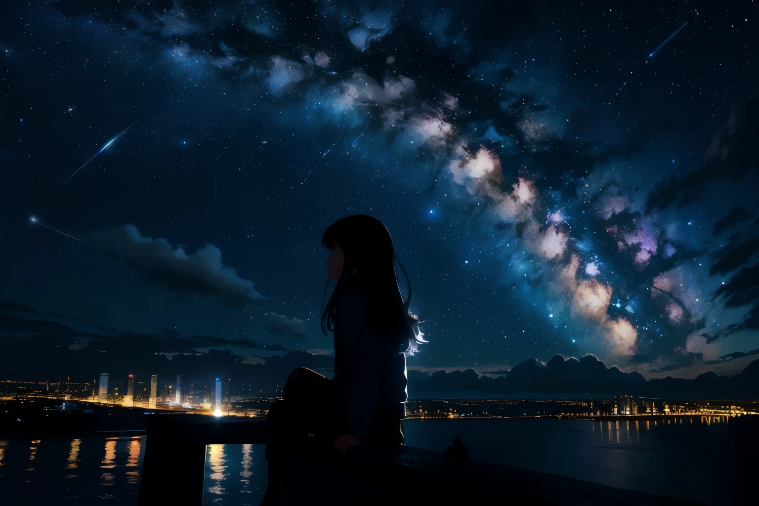 octans, sky, star (sky), scenery, starry sky, night, 1girl, night sky, solo, outdoors, signature, building, cloud, milky way, sitting, tree, long hair, city, silhouette, cityscape,masterpiece, best quality, ,halftone,cloud, light_particles, space, sky,water,girl,night