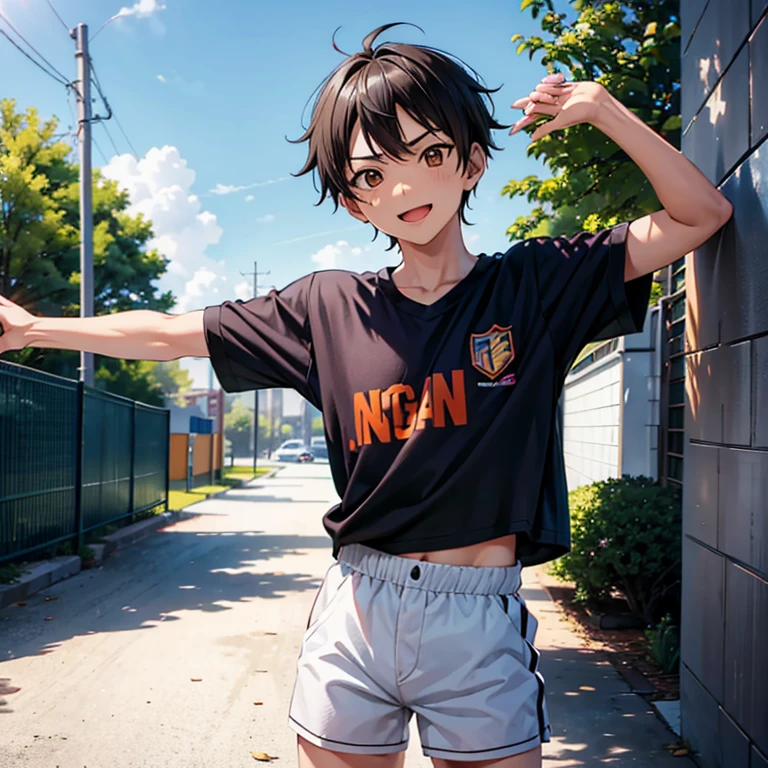 1 hombre, chico, adolescente, haikyuu, hinata shoyo, esbelto, bajo, pelo naranja, Brown eyes, sin playera, uniforme voleibol, camara desde abajo, cuclillas, piernas separadas, fondo soleado, ruborizado, sonrisa, HD, full color, muy detallista, rostro perfecto, obra maestra.