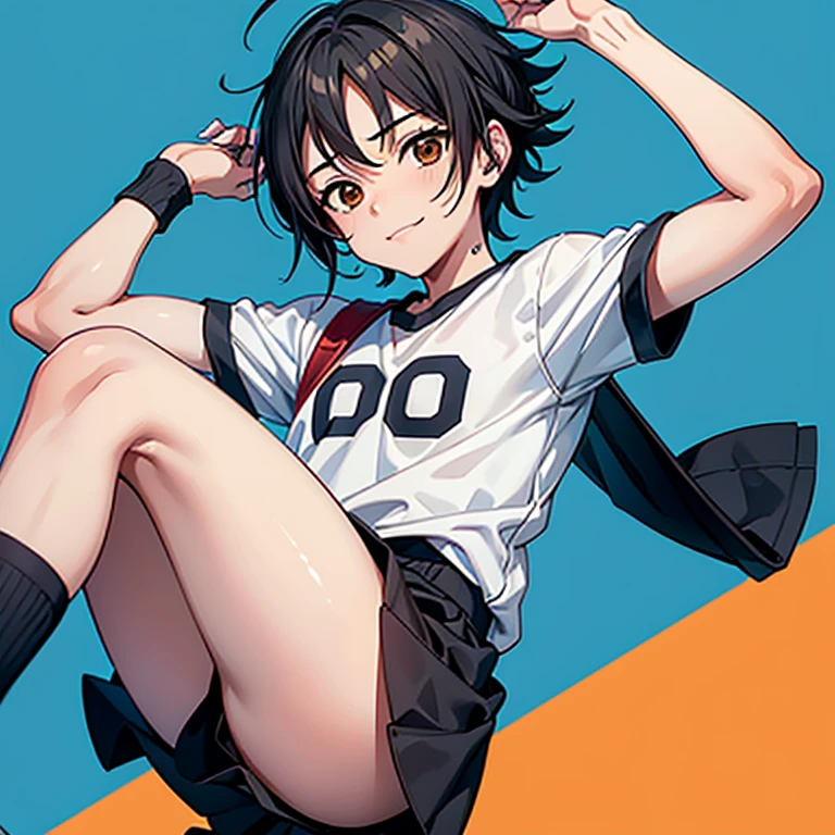 1 hombre, chico, adolescente, haikyuu, hinata shoyo, esbelto, bajo, pelo naranja, Brown eyes, sin playera, uniforme voleibol, camara desde abajo, cuclillas, piernas separadas, fondo soleado, ruborizado, sonrisa, HD, full color, muy detallista, rostro perfecto, obra maestra.