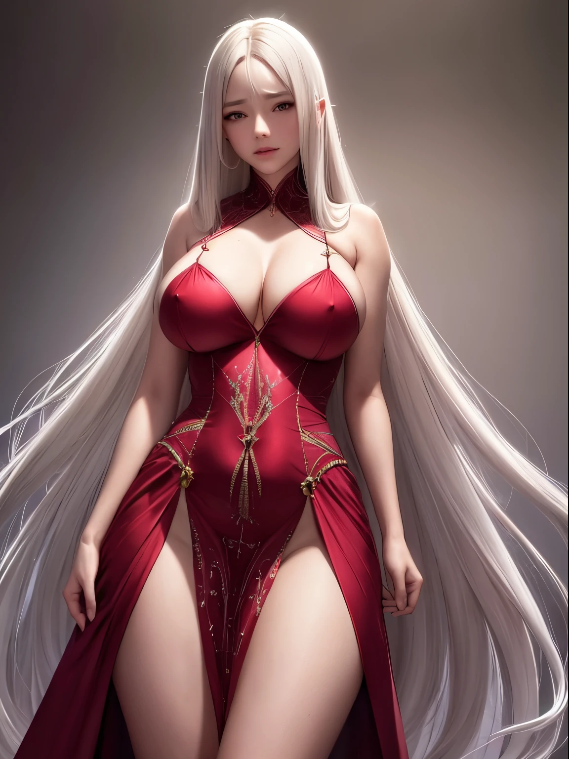 ultra realistic 8k computer graphics, masterpiece, ((ultra detailed background, delicate pattern, complex parts)), queen, goddess, divine, absurdly long hair, very, very long hair, Hair red, I look at the viewer, big breasts, NFV, from the chest, Dress кружево, кружево trims, кружево-trimmed legwear, Dress