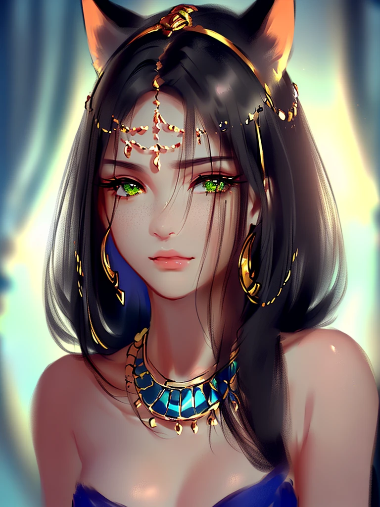 very good illustration, High detail, dynamic angle, beautiful detailing,2D, (Best quality, masterpiece, Beauty, tenderness), Anime, Highly detailed face, very detailed eyes, very detailed background, Ideal lighting, Whole body, 1 girl, One, (Very detailed cat ears), (Very detailed ears behind the hair)? Goddess Bastet, Ancient Egypt \(Очень подробный Ancient Egyptian\), Very detailed clothes, green eyes, Finely detailed eyes, ears covered with hair, (Very detailed background)