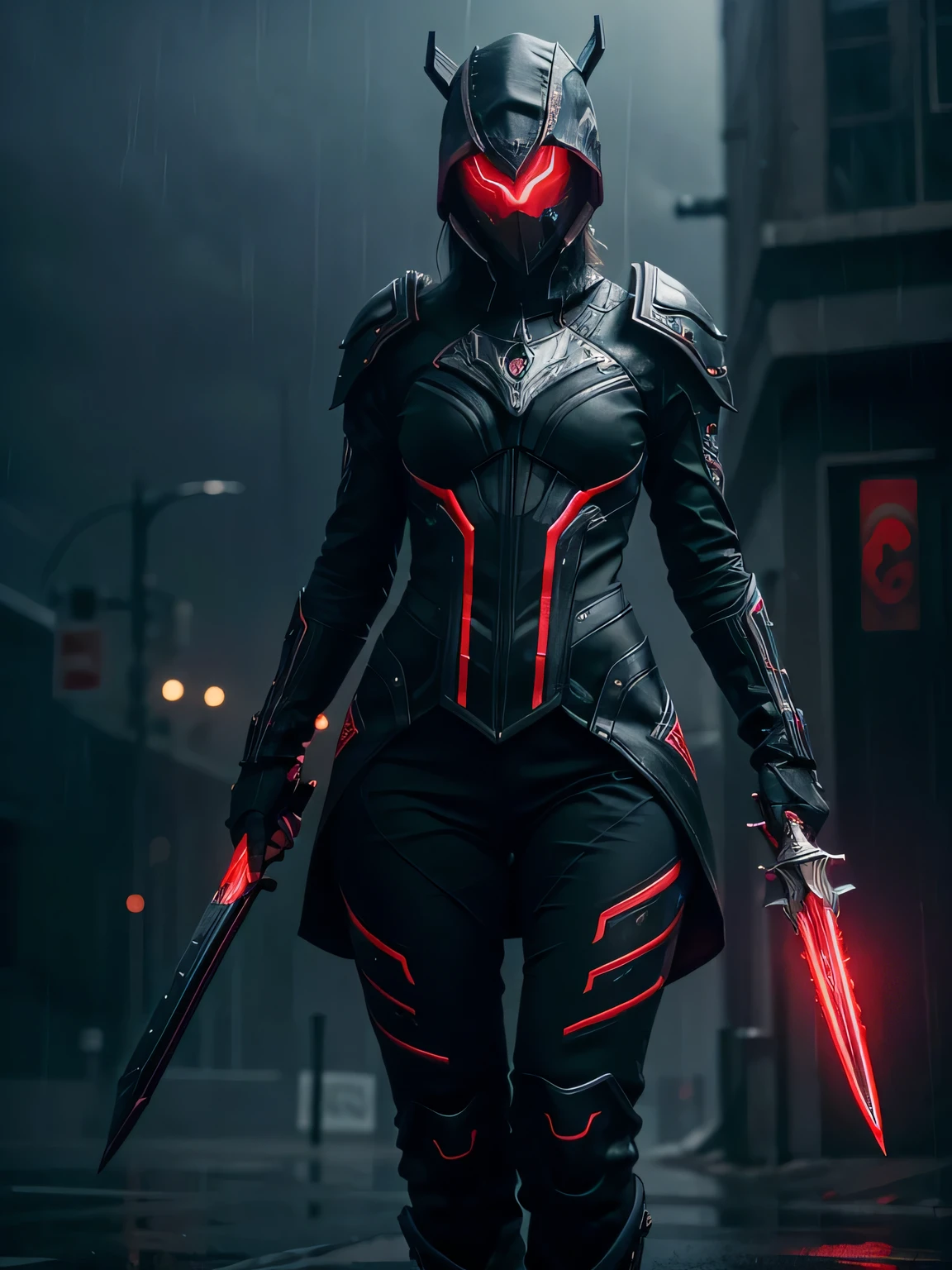 1 Swedish girl, WARFRAME, intricate pattern, heavy metal, energy lines, faceless, purple glowing eyes, elegant, intense, blood red and black uniform, solo, modern, city, streets, dark clouds, thunderstorm, heavy rain,, dramatic lighting,, (masterpiece:1.2), best quality, high resolution, beautiful detailed, extremely detailed, perfect lighting, (holding a red glowing sword)